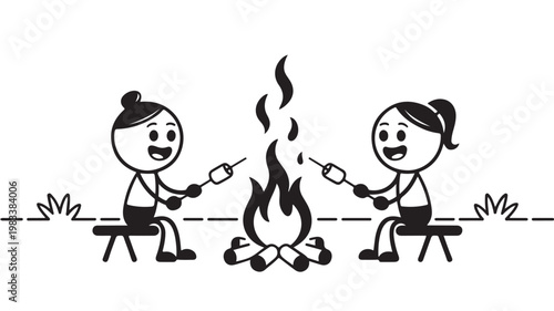 Two Cartoon Women Roasting Smores Over Campfire At Night For Friendship And Summer Vacation Concepts