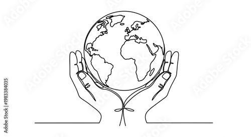 Delicate hands cradle a simplified world globe in a continuous black line drawing