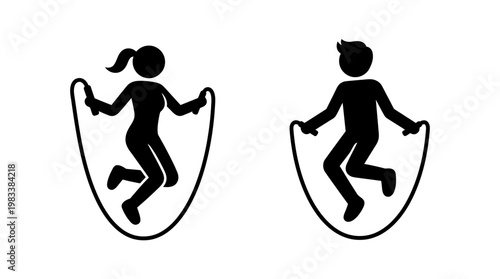 Silhouette Figures Jumping Rope on White Background