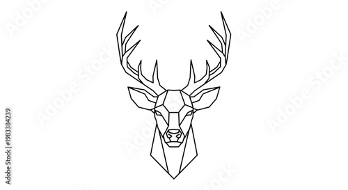 Geometric deer head with angular lines and prominent antlers, stark black outline