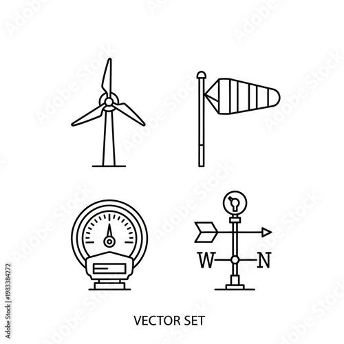 Weather icons vector set wind turbine wind sock barometer and weather vane