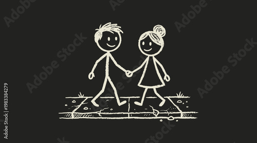 Chalkboard-Style Drawing of a Walking Couple