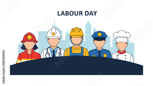 Honoring Labor Day: A diverse group of essential workers stand united, symbolizing the strength and dedication of the workforce and the value of hard work.