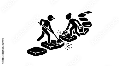 Teamwork Building and Cleaning a Stone Pathway