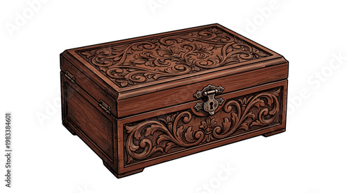 Antique Wooden Jewelry Box with Intricate Carvings