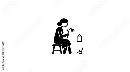 Woman Seated Holding a Dying Flower in a Minimalist Style