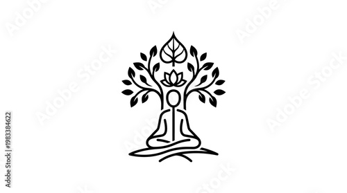 Meditating Figure with Tree and Lotus Symbol
