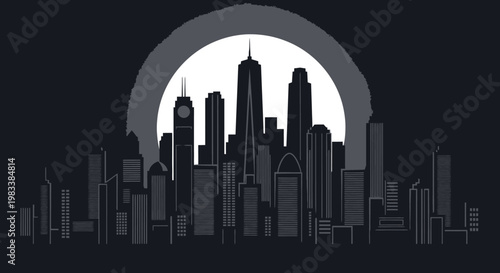 A black silhouette vector illustration of a modern urban city skyline featuring downtown skyscrapers and famous United States landmarks against a night sky cityscape panorama
