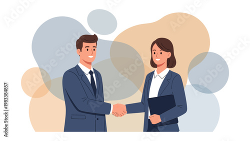 Handshake Harmony: A professional couple, exuding confidence and camaraderie, seal a deal with a firm handshake, framed against a backdrop of soft, abstract shapes.