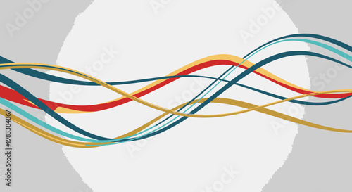 Abstract flowing colorful wavy lines on a light grey background with a subtle white circle, creating a dynamic visual.