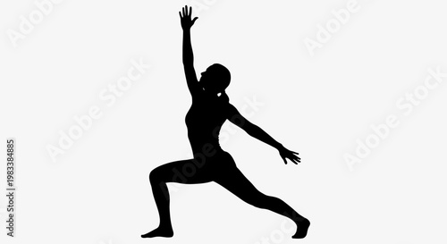 Silhouette of a woman performing a yoga warrior pose with one arm raised and the other extended, on a white background.