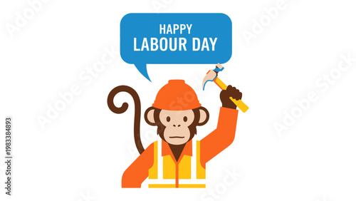Happy Labour Day: A cartoon illustration celebrating Labour Day with a monkey in a construction outfit, embodying the spirit of hard work and dedication.