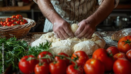 Wallpaper Mural Male baker wearing apron skillfully kneads dough both hands domestic kitchen. He prepares freshly baked bread or pizza dough, utilizing manual techniques before placing it oven perfectly baked crust Torontodigital.ca