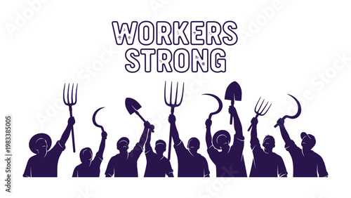 Strength in Unity: A silhouette of workers, standing together, with agricultural tools held high against a crisp sky, symbolizing solidarity, strength, and the power of collective action.