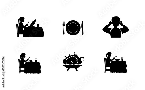 Dining silhouettes: eating, plate setting, and food icons in black and white