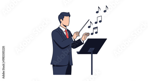 Conductor leading an orchestra with music notes.