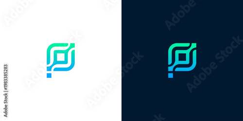 Modern abstract letter P logo with a gradient blue-green color scheme, symbolizing digital innovation, futuristic connectivity, and technological advancement for a sleek brand identity