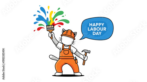 Labour Day Celebration: A cartoon cat, dressed as a construction worker, joyfully commemorates Labour Day with a paintbrush and a hammer. Colorful paint splashes create a vibrant and festive mood.