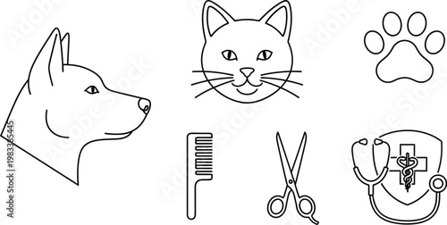 Pet grooming tools and animal icons for veterinary care and styling needs