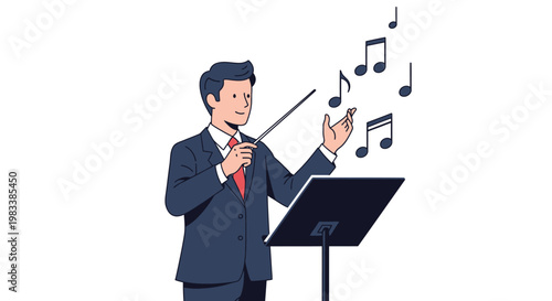 A cartoon conductor leading an orchestra with a baton and music notes.