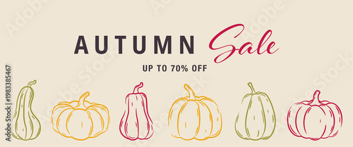 Autumn sale banner with handdrawn pumpkins and gourds on light beige background