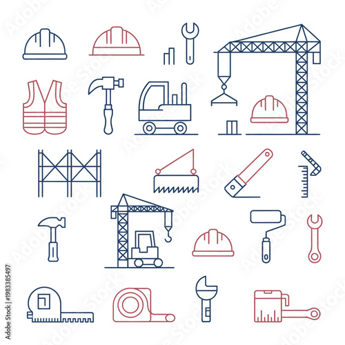 Obraz na plátně Construction Icons and Equipment: A set of detailed line art icons showcasing essential construction tools and equipment, ideal for illustrating projects and industry-related concepts