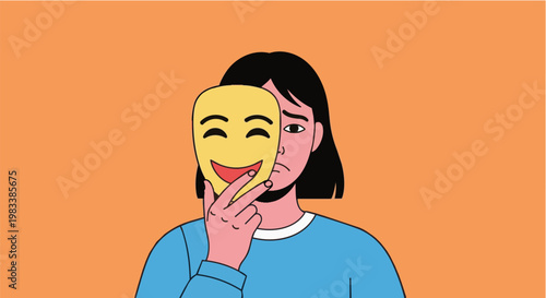 Woman holding comedy mask in playful mood with bright orange background in flat illustration style for theater advertising