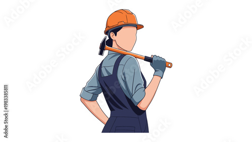 Resilient Builder: Confident construction worker with a hammer over her shoulder, ready to begin work, an emblem of strength and capability. 