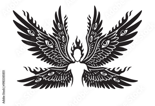 Biblically accurate angel silhouette with multiple wings covered in eyes.