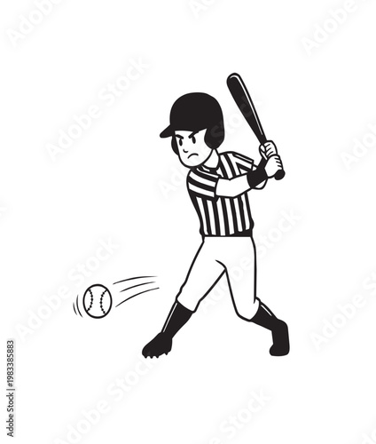 Baseball batter hitting the ball with a bat in sports action illustration.