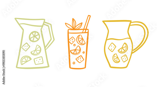 Lemonade pitcher and glass set doodle illustration