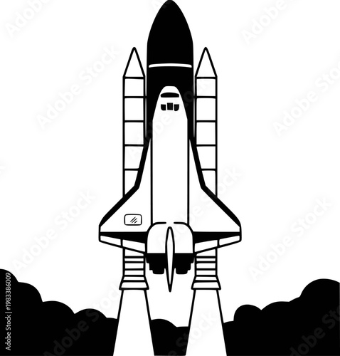 Black and white of a space shuttle launching with smoke clouds and exhaust flames