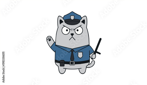 Cartoon illustration of a grumpy grey cat wearing a blue police uniform and holding a baton.
