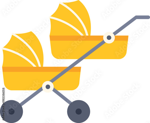 Yellow tandem double stroller moving forward, designed for transporting two infants
