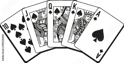 Royal flush playing cards fan black and white casino concept