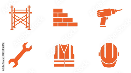 Construction Tools Icons: A set of vivid, orange icons representing essential tools and equipment utilized in the realm of construction.