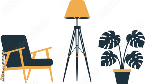 Mid-century modern interior design set featuring a stylish dark armchair, a tripod floor lamp, and a potted monstera deliciosa plant.