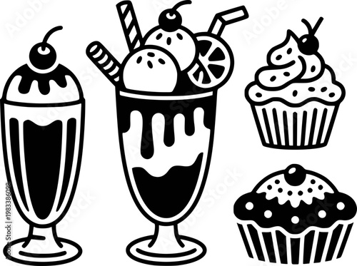 Black and White Stylized Desserts Milkshake Ice Cream Sundae Cupcakes with Cherries
