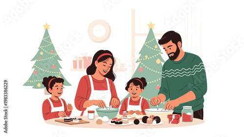 Happy family with two young girls spends quality time together baking and decorating holiday treats in a festive kitchen.