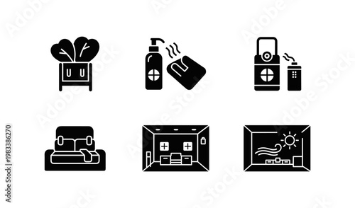 Minimalist silhouette icons of home appliances and interior elements