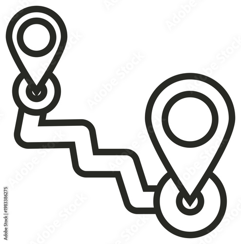 Navigation route vector icon illustration featuring two map pin location markers connected by a zigzag path, representing travel, destination, GPS tracking, distance, and logistics on white.