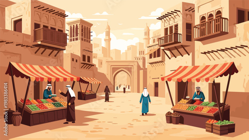 Traditional Middle Eastern marketplace features stalls with colorful fruits and people in cultural attire walking through arches.