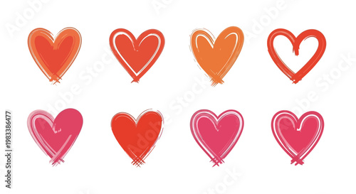 Collection of hand drawn hearts in various shades of red and pink