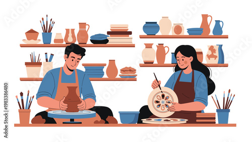 Creative couple works in an art studio where the man shapes clay on a potter's wheel and the woman paints a ceramic plate.