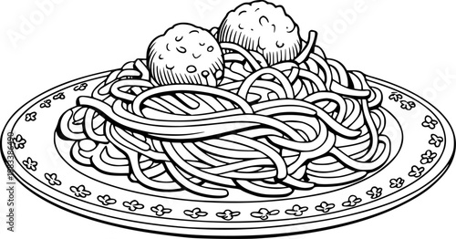 Black and white line of spaghetti and meatballs a decorative plate pasta food italian