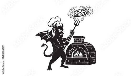 Black and white vector illustration of a devil mascot wearing a chef's hat. Character is holding a pizza peel with a pizza in front of a stone wood-fired oven.