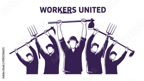 Workers United for Labor: A graphic representation of unity as working men and women stand together in solidarity, instruments of labor raised in a call for equality and fair treatment.