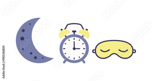Night sleep icons set with crescent moon, alarm clock and eye mask.