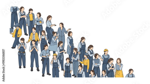 Diverse Workforce: Depicting a cohort of individuals, each attired in workwear. The image emphasizes workforce.