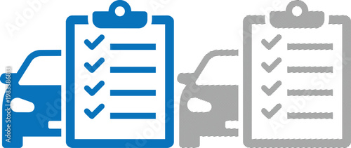 Car checklist icon with checkboxes and vehicle illustration in blue.